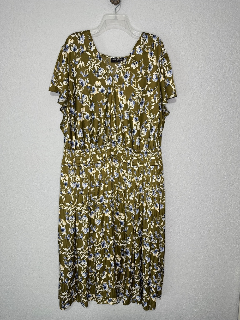 Lane Bryant Olive Green Floral Midi Dress with Blue & White Blooms 28